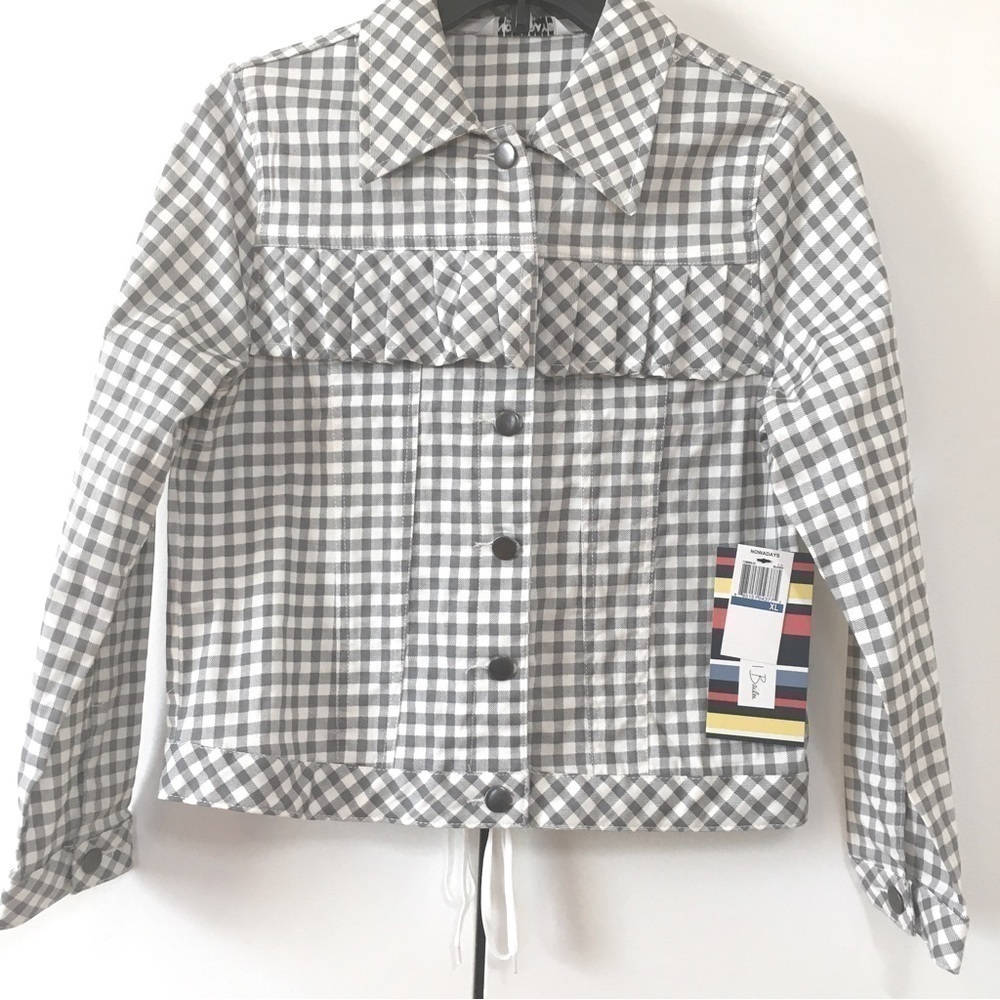 NOWADAYS Big Girls Junior Gray & White Plaid Button Front Denim Cropped Jacket